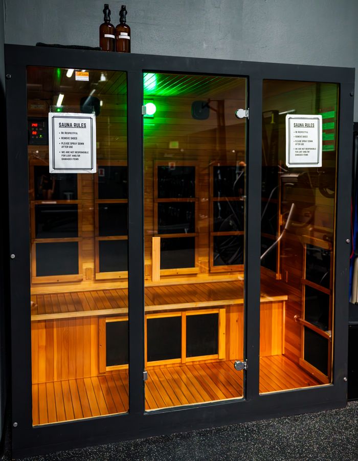 A contemporary infrared sauna at a gym in Garden Grove, California offers therapeutic benefits.